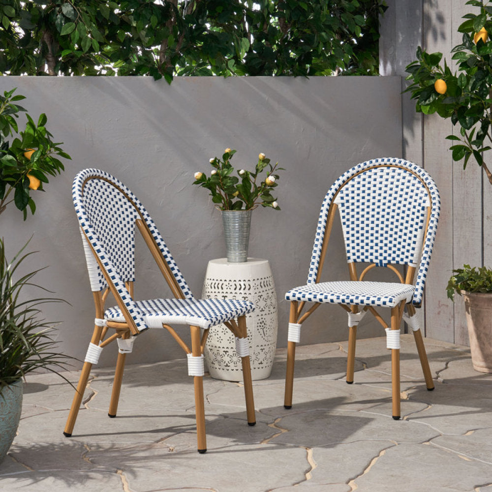 Outdoor PE Ratten and Aluminum French Bistro Chairs, Set of 2, Rusted Grey & White, Bamboo Print Finish