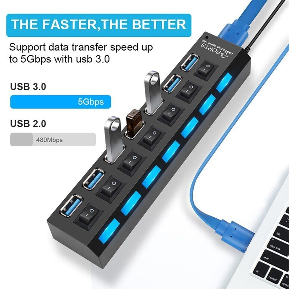 USB HUB 7 Port High Speed 3.0 USB Multi Splitter Desktop PC Laptop Adapter 5Gbps