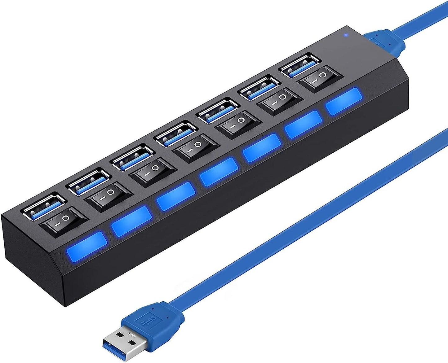 USB HUB 7 Port High Speed 3.0 USB Multi Splitter Desktop PC Laptop Adapter 5Gbps