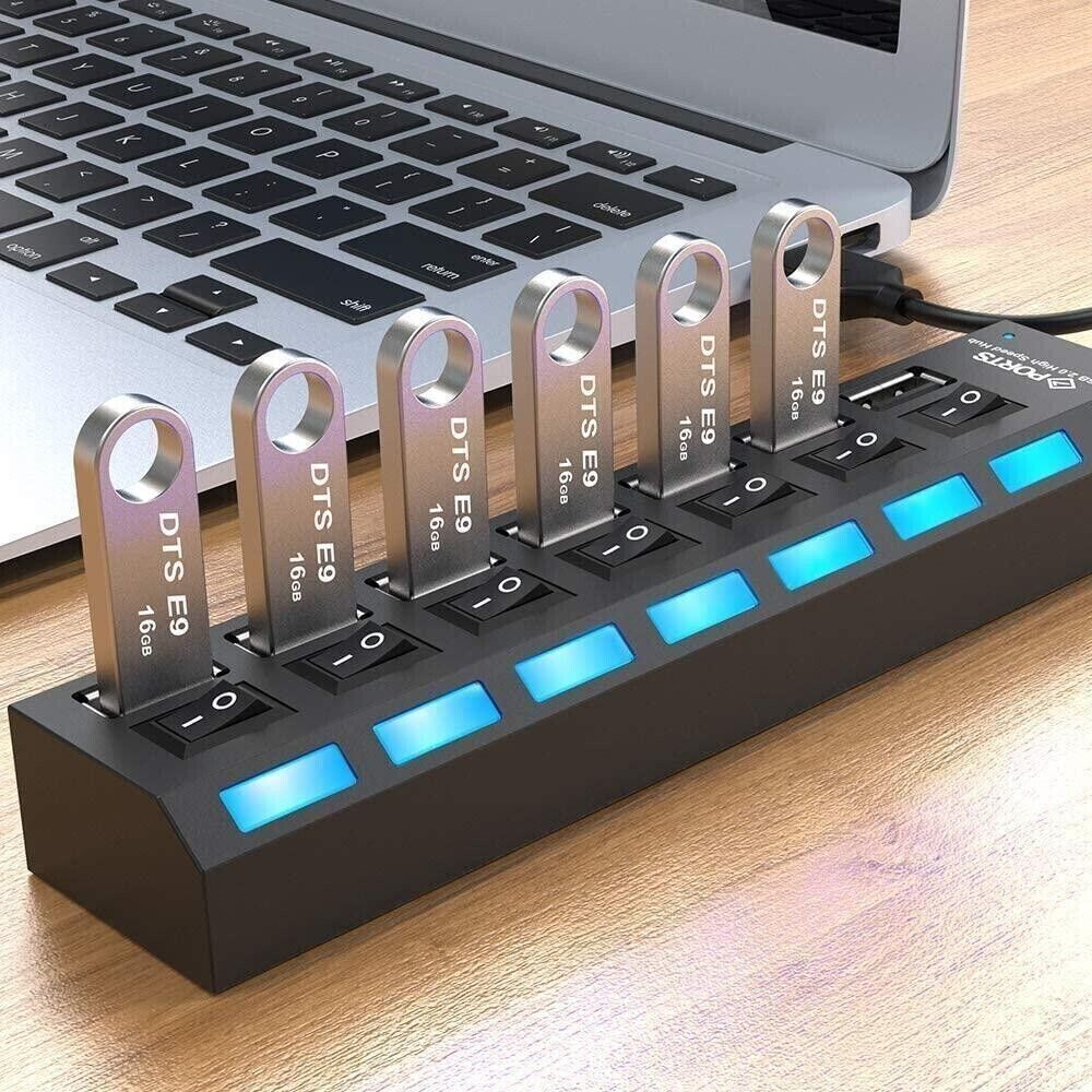 USB HUB 7 Port High Speed 3.0 USB Multi Splitter Desktop PC Laptop Adapter 5Gbps