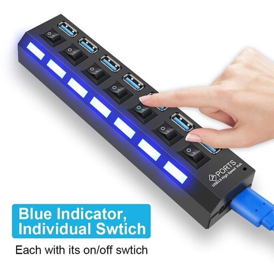 USB HUB 7 Port High Speed 3.0 USB Multi Splitter Desktop PC Laptop Adapter 5Gbps