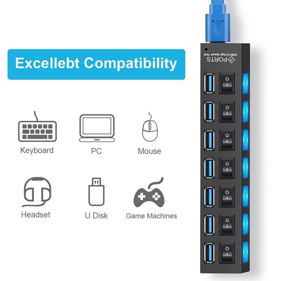 USB HUB 7 Port High Speed 3.0 USB Multi Splitter Desktop PC Laptop Adapter 5Gbps