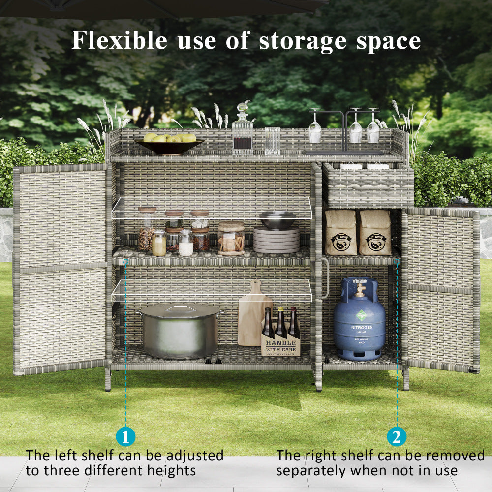 K&K 47.5"W Wicker Outdoor Storage Cabinet with Tempered Glass Desktop, Weather-proof Rattan Bar Table with Three Doors, and One Drawer, for Outdoor Cushions