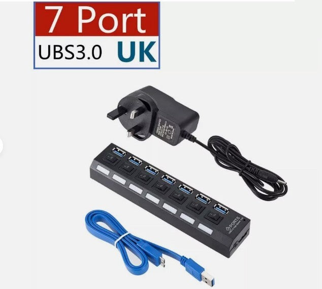 USB HUB 7 Port High Speed 3.0 USB Multi Splitter Desktop PC Laptop Adapter 5Gbps