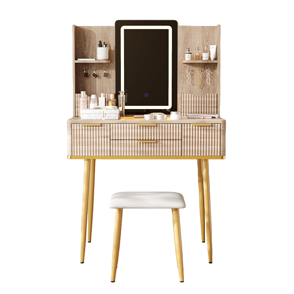 4-Drawer Vanity Desk with LED Mirror & Carved Details, Fluted Makeup Table with Metal Legs and PU Stool, Carved Dressing Table with Jewelry Storage for Bedroom
