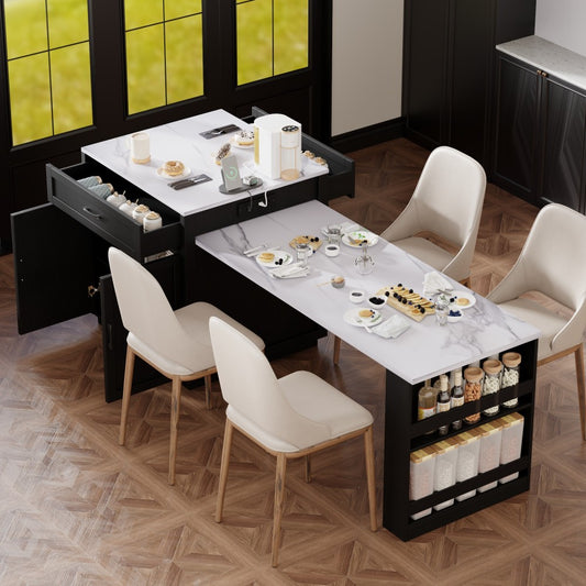 Îlot de cuisine K&amp;K 82,7 pouces avec table à manger extensible pour 4 à 6 personnes, table îlot de cuisine en faux marbre avec rangement double, prise de courant, 2 tiroirs, 2 étagères latérales ouvertes, noir 