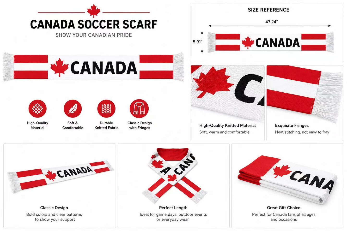 Canada Fan Scarf and Hand Flags Set, Red and White, Maple Leaf Design, World Cup Soccer Supporter Kit
