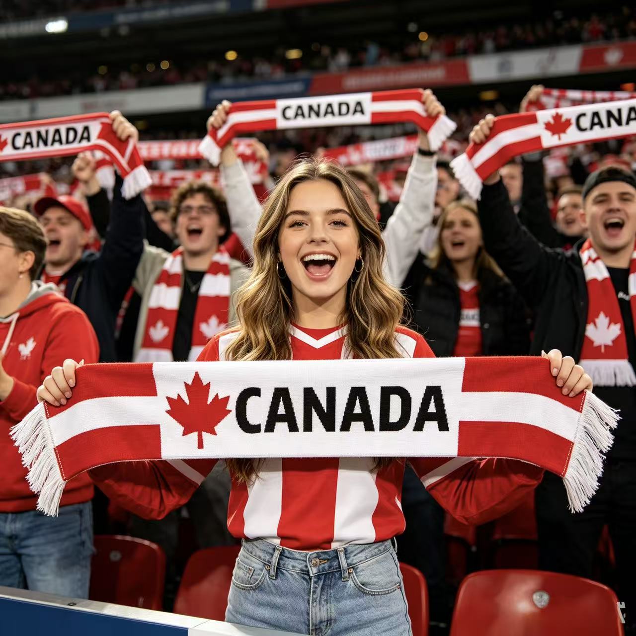 Canada Fan Scarf and Hand Flags Set, Red and White, Maple Leaf Design, World Cup Soccer Supporter Kit