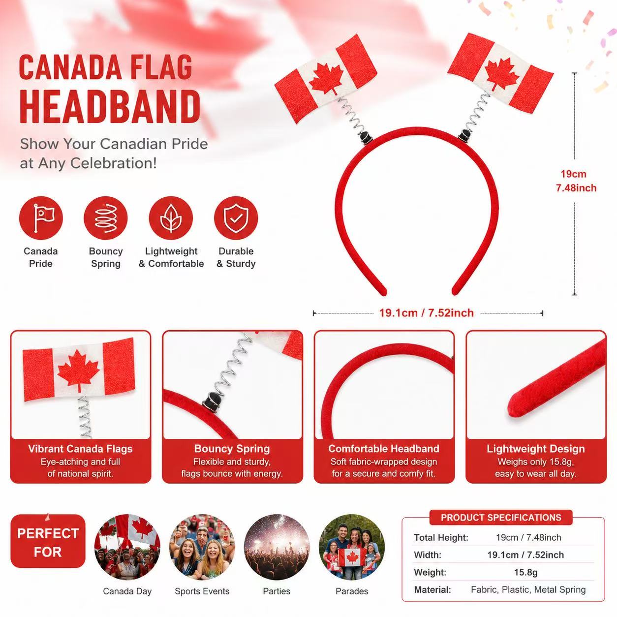 Worldcup Canada Fan Headband and Hand Flag Set, 3 Piece Party Accessories for Sports Events, Bouncy Flag Headband with 2 Mini Flags
