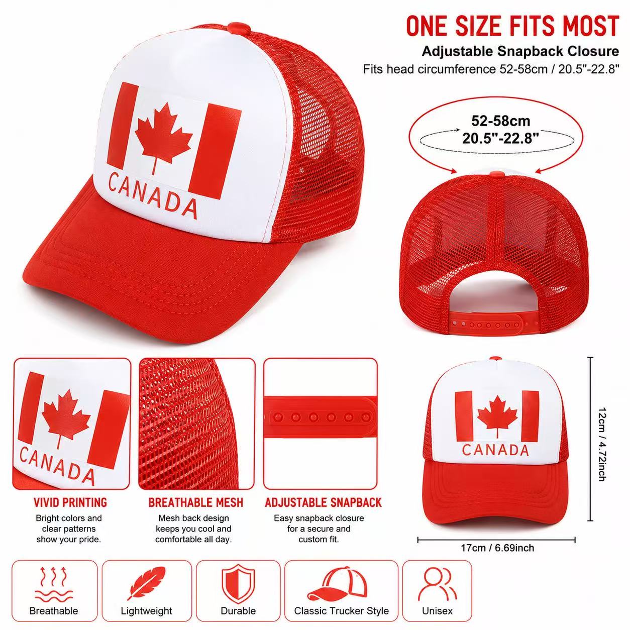 worldcup Canada Flag Snapback Hat with 2 Hand Flags, Adjustable 52-58cm, Red and White, Canadian Pride Combo Set