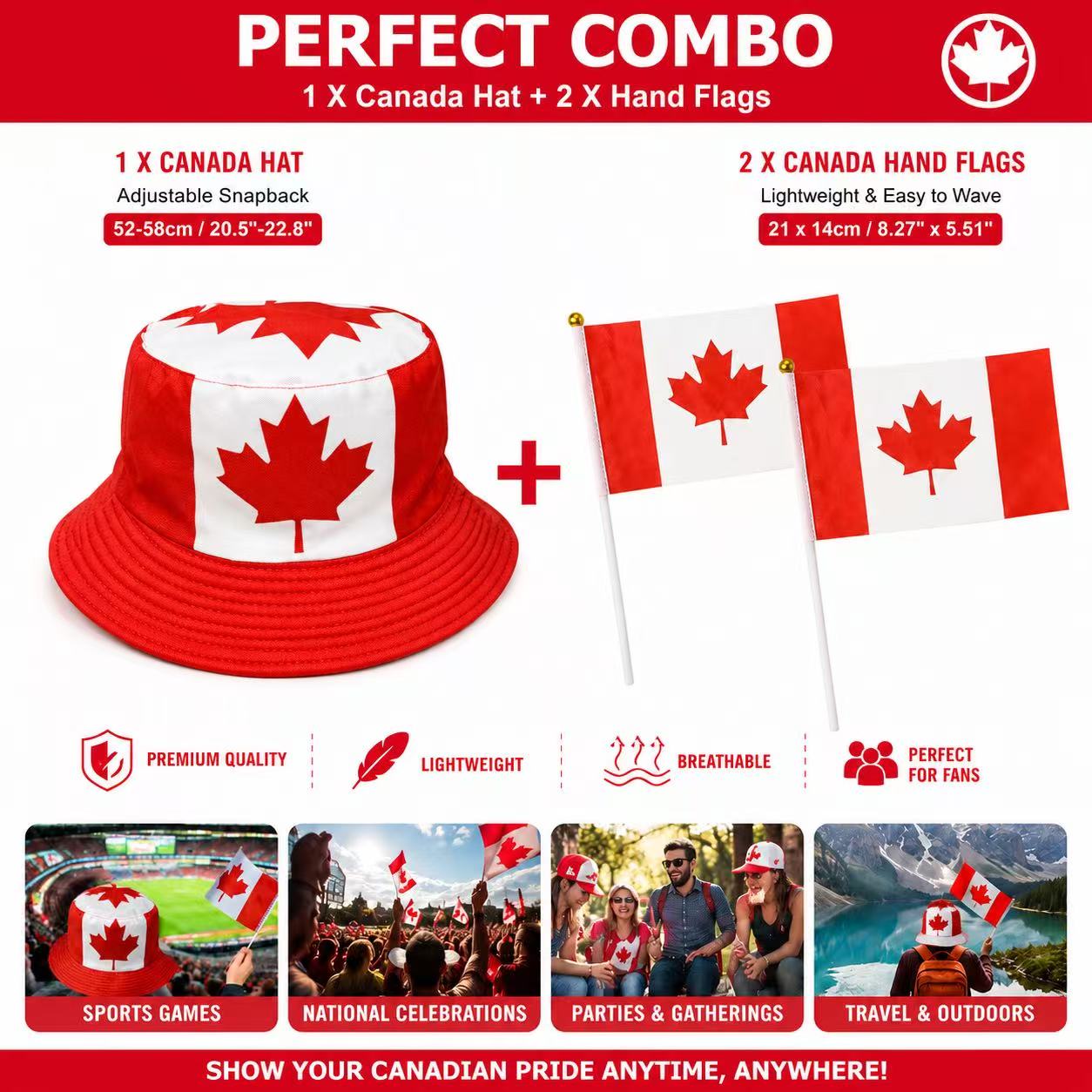 Worldcup Canada Bucket Hat with 2 Hand Flags Combo Set, Adjustable Snapback, Red and White, Canadian Maple Leaf