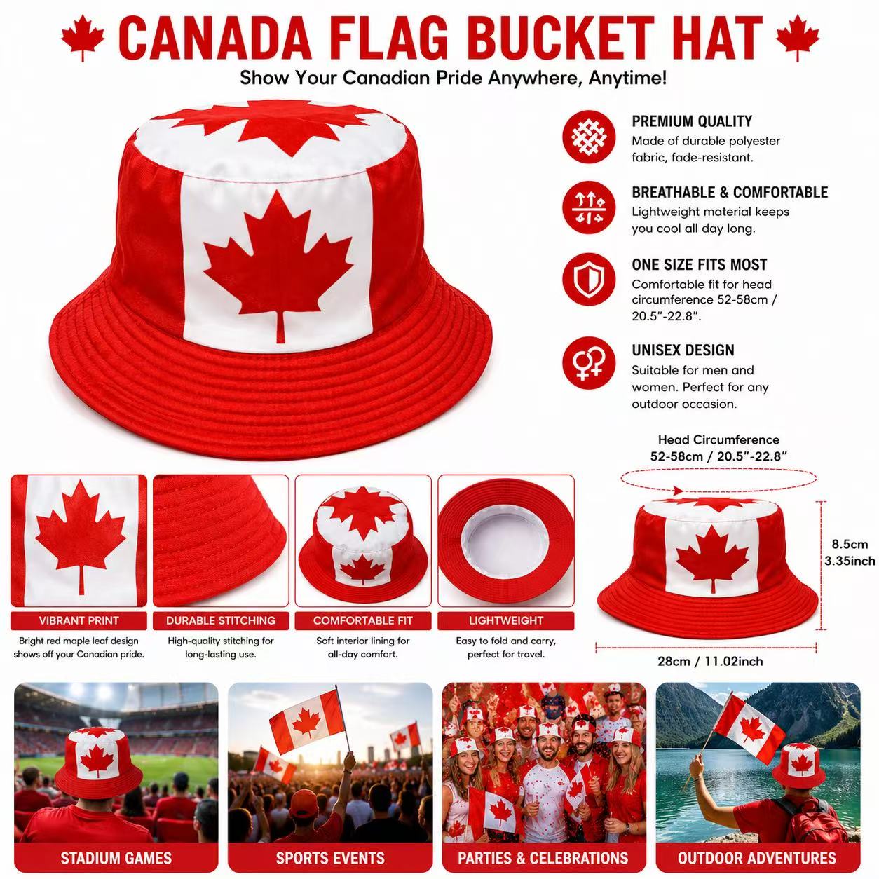 Worldcup Canada Bucket Hat with 2 Hand Flags Combo Set, Adjustable Snapback, Red and White, Canadian Maple Leaf