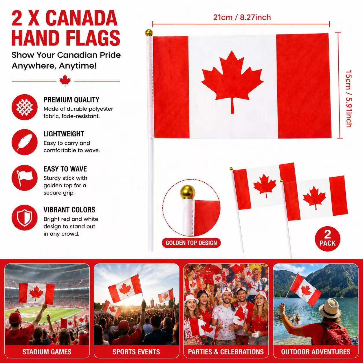 Worldcup Canada Bucket Hat with 2 Hand Flags Combo Set, Adjustable Snapback, Red and White, Canadian Maple Leaf