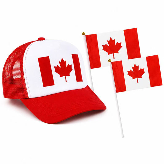 worldcup Canada Flag Snapback Hat with 2 Hand Flags, Adjustable 52-58cm, Red and White, Canadian Pride Combo Set