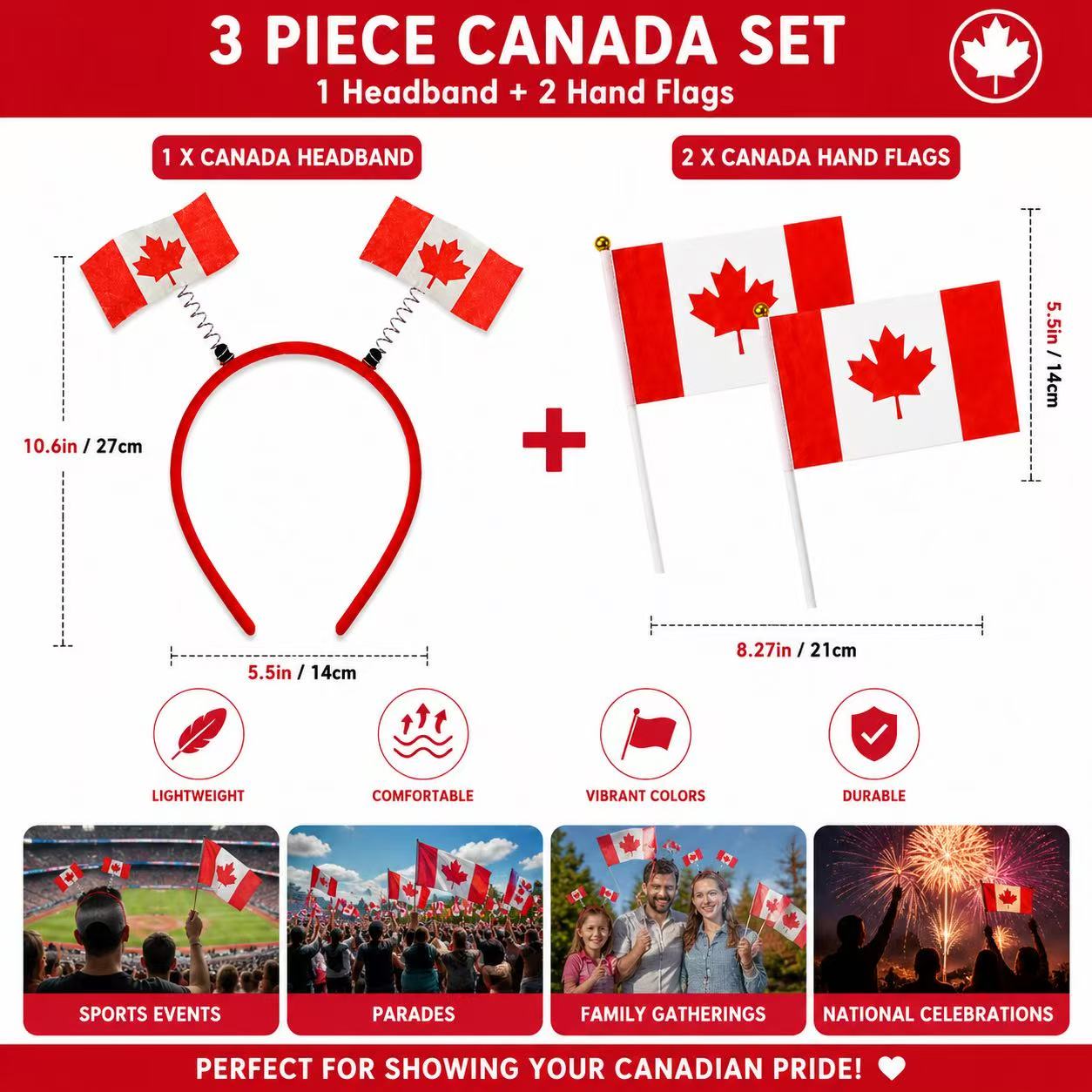 Worldcup Canada Fan Headband and Hand Flag Set, 3 Piece Party Accessories for Sports Events, Bouncy Flag Headband with 2 Mini Flags