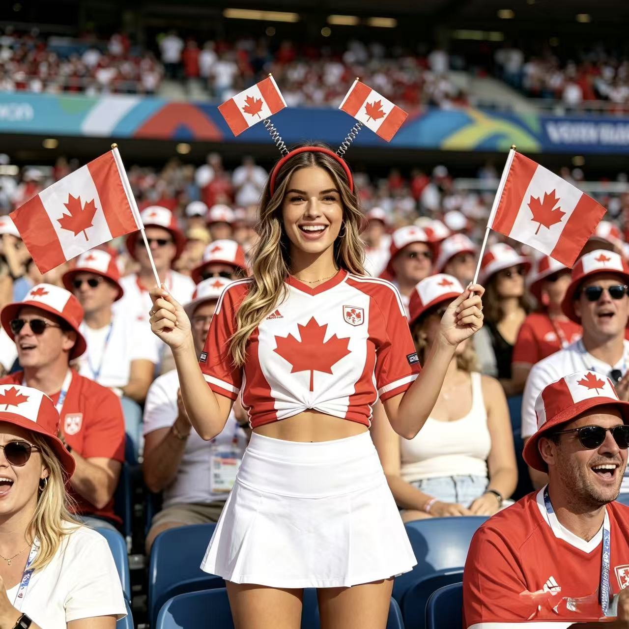 Worldcup Canada Fan Headband and Hand Flag Set, 3 Piece Party Accessories for Sports Events, Bouncy Flag Headband with 2 Mini Flags