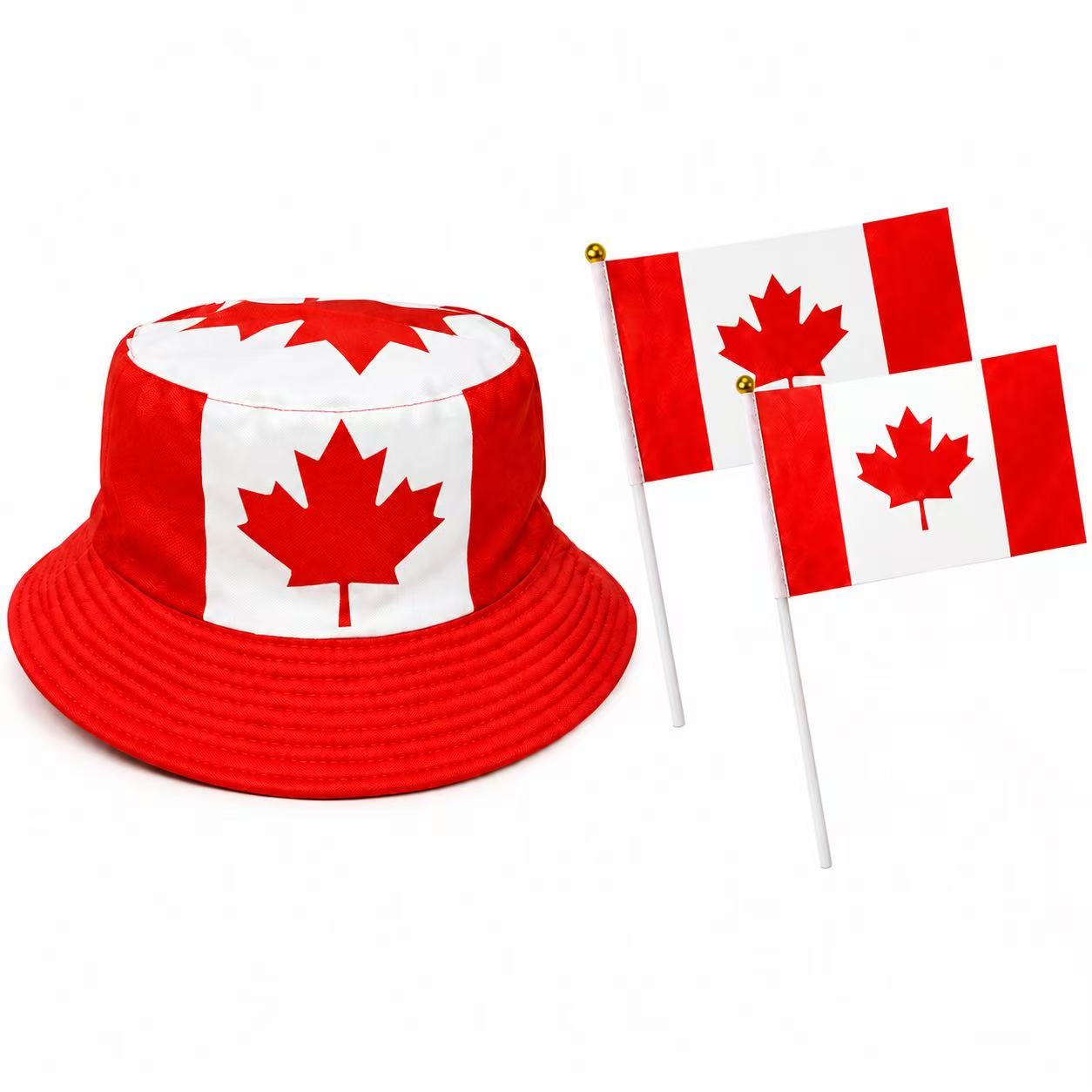 Worldcup Canada Bucket Hat with 2 Hand Flags Combo Set, Adjustable Snapback, Red and White, Canadian Maple Leaf