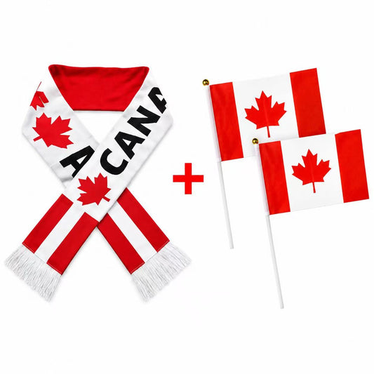 Canada Fan Scarf and Hand Flags Set, Red and White, Maple Leaf Design, World Cup Soccer Supporter Kit