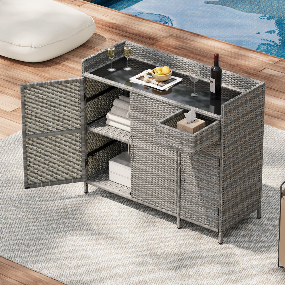 K&K 47.5"W Wicker Outdoor Storage Cabinet with Tempered Glass Desktop, Weather-proof Rattan Bar Table with Three Doors, and One Drawer, for Outdoor Cushions