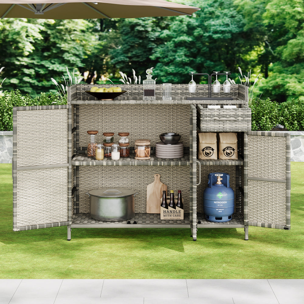 K&K 47.5"W Wicker Outdoor Storage Cabinet with Tempered Glass Desktop, Weather-proof Rattan Bar Table with Three Doors, and One Drawer, for Outdoor Cushions