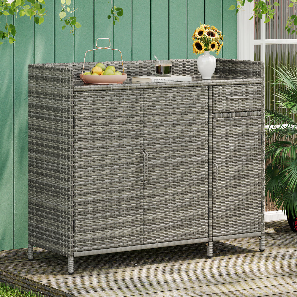 K&K 47.5"W Wicker Outdoor Storage Cabinet with Tempered Glass Desktop, Weather-proof Rattan Bar Table with Three Doors, and One Drawer, for Outdoor Cushions