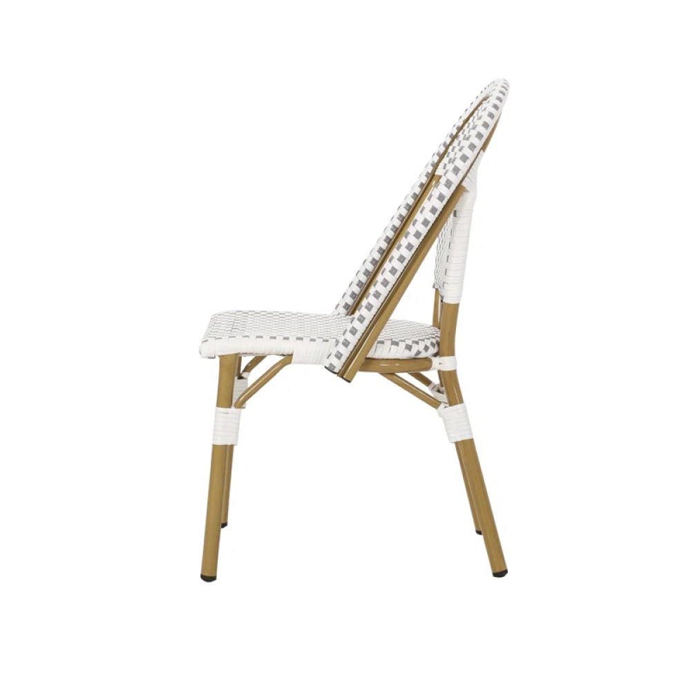 Outdoor PE Ratten and Aluminum French Bistro Chairs, Set of 2, Rusted Grey & White, Bamboo Print Finish