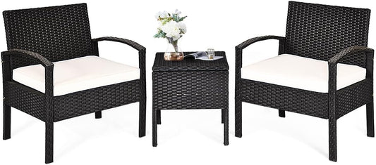 Ensemble de jardin bistro 3 pièces, chaises de jardin en rotin avec table d'appoint et coussins, ensemble de meubles de jardin pour balcon, jardin, cour, blanc