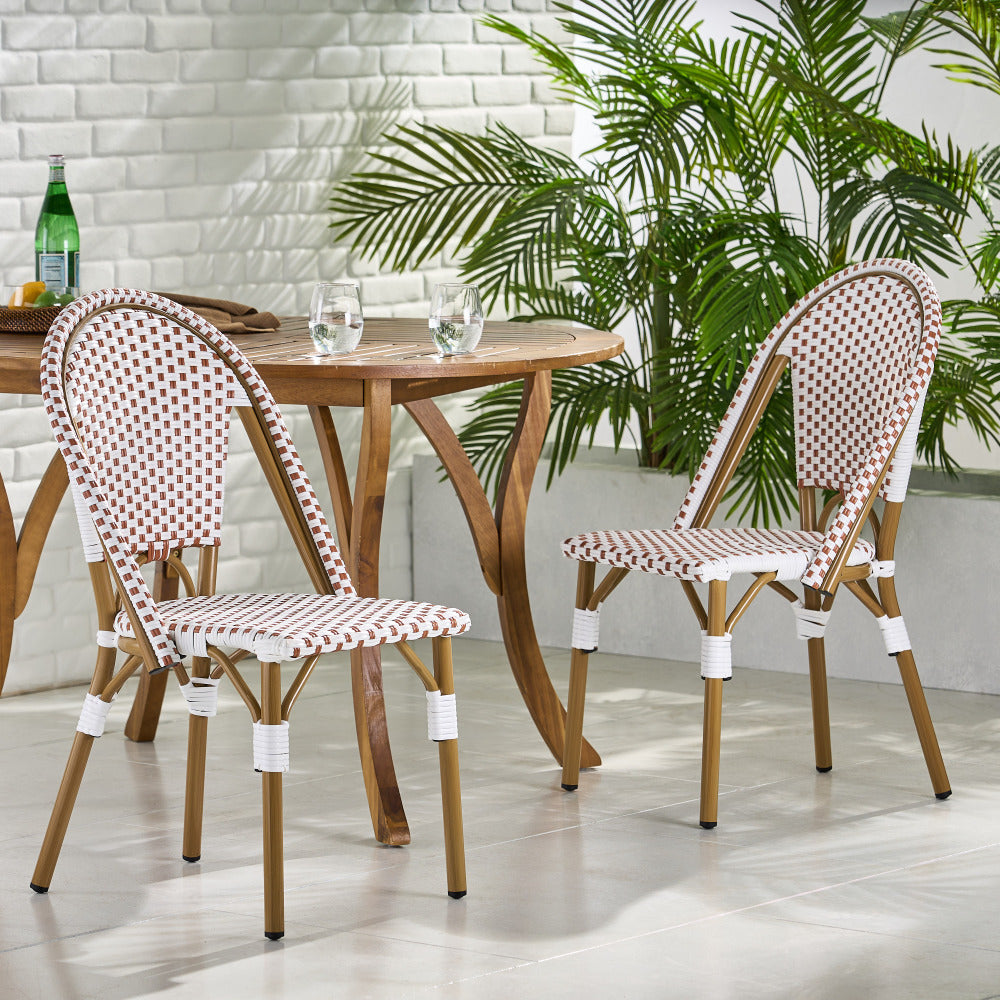 Outdoor PE Ratten and Aluminum French Bistro Chairs, Set of 2, Rusted Grey & White, Bamboo Print Finish