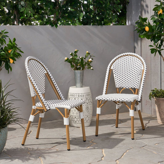 Outdoor PE Ratten and Aluminum French Bistro Chairs, Set of 2, Rusted Grey & White, Bamboo Print Finish