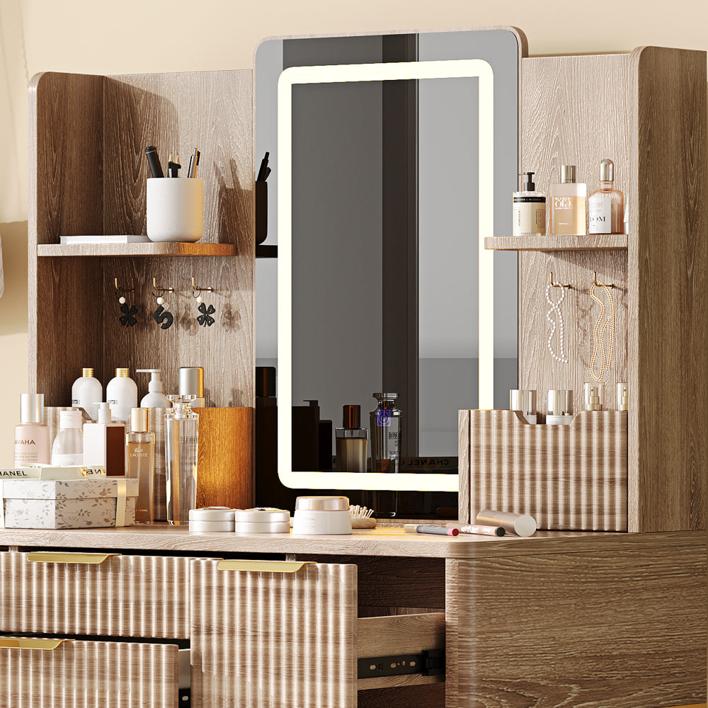 4-Drawer Vanity Desk with LED Mirror & Carved Details, Fluted Makeup Table with Metal Legs and PU Stool, Carved Dressing Table with Jewelry Storage for Bedroom