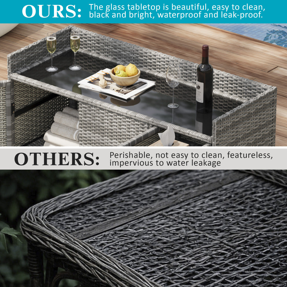 K&K 47.5"W Wicker Outdoor Storage Cabinet with Tempered Glass Desktop, Weather-proof Rattan Bar Table with Three Doors, and One Drawer, for Outdoor Cushions