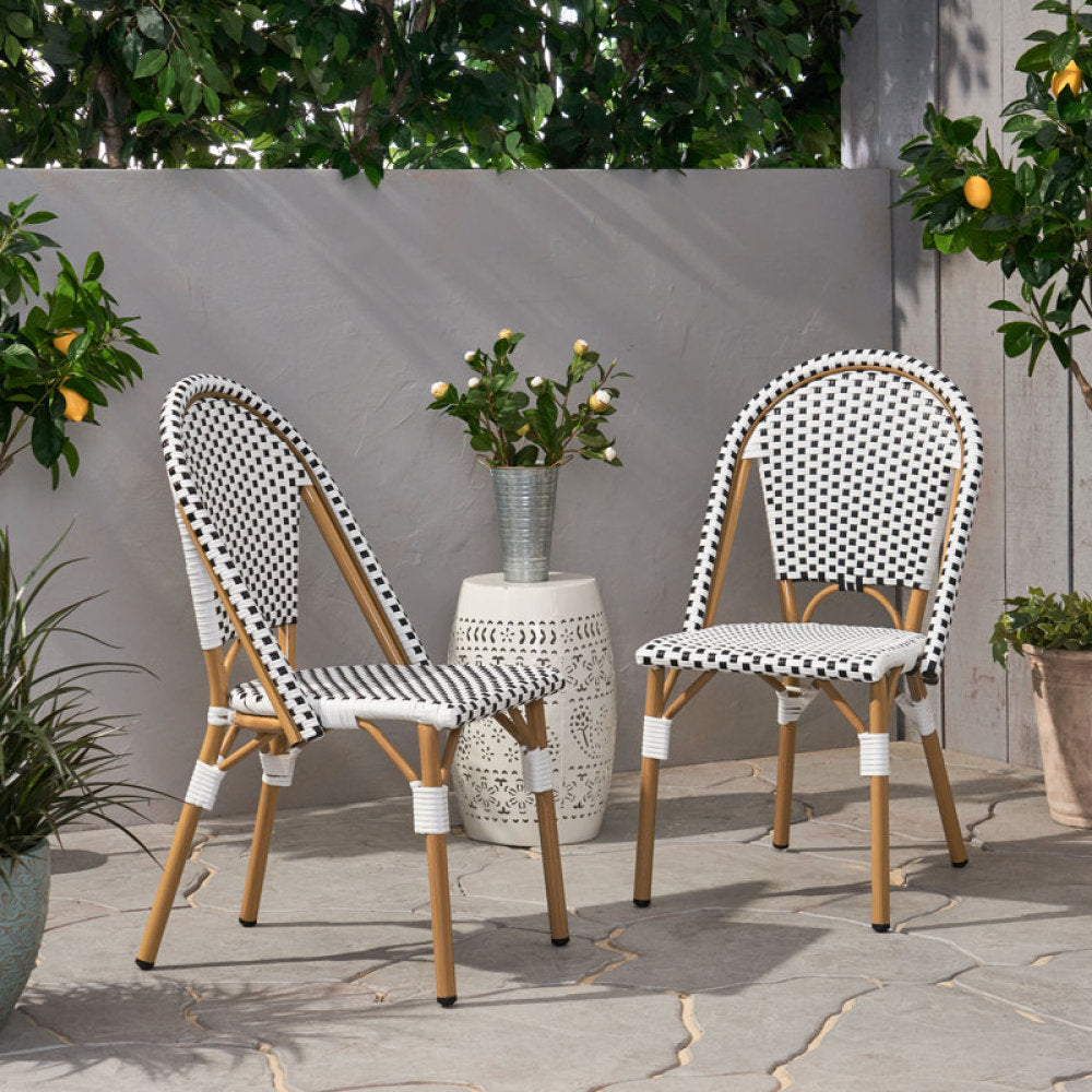 Outdoor PE Ratten and Aluminum French Bistro Chairs, Set of 2, Rusted Grey & White, Bamboo Print Finish